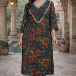 Emerald Green Floral Printed Cotton Kurta Set | Elegant Ethnic Wear for Women