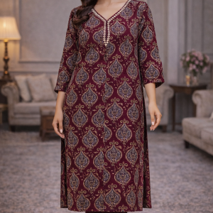 Wine Maroon Printed Cotton Kurta Set | Classic Ethnic Wear for Women