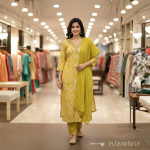Golden Mustard Jacquard Kurti Suit Set with Dupatta