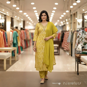 Golden Mustard Jacquard Kurti Suit Set with Dupatta