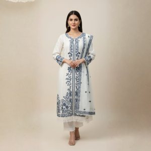 Off White Blue Embroidered Cotton Kurti Suit Set with Dupatta