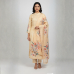 Pastel Peach Floral Printed Straight Kurta Set with Dupatta