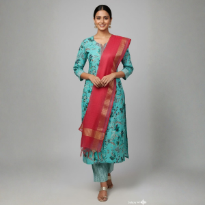 Turquoise Floral Printed Kurta Set with Contrast Dupatta