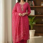 Pink Rayon Bandhej Printed Kurta Set with Dupatta | Elegant Ethnic Wear for Women