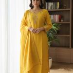 Elegant Yellow Dolla Silk Embroidered Kurta Set with Dupatta | Festive & Ethnic Wear for Women