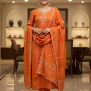 Elegant Orange Dolla Silk Embroidered Kurta Set with Dupatta | Festive Ethnic Wear for Women