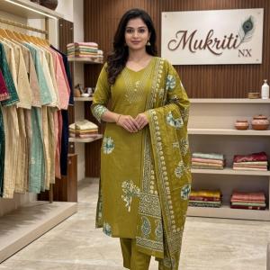 Printed Mehendi Green with blue round design